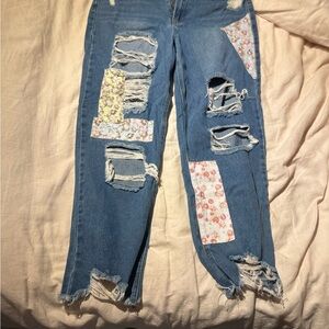 Almost Famous Blue Distressed Jeans with Floral Patches
